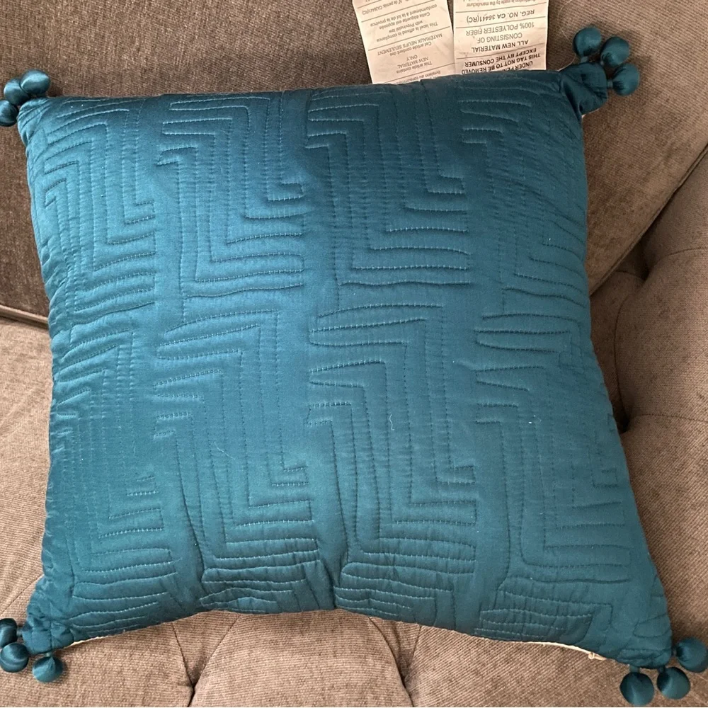 NWT West Elm Teal Silky Quilted Accent Pillow cover with Pom Trim 18”x18”